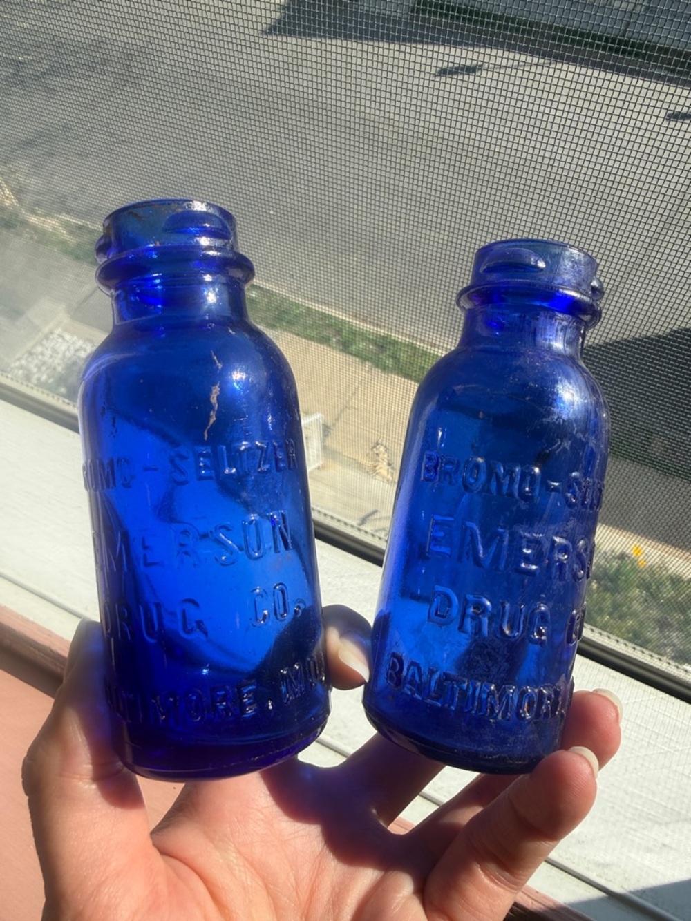 Cobalt Blue Embossed Emerson Bromo Seltzer Baltimore MD Drug Co. Bottles
